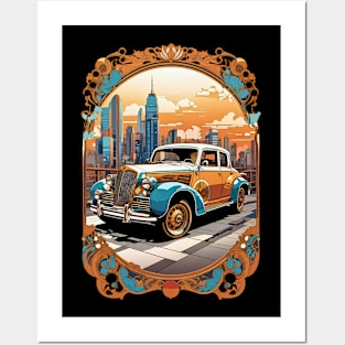 Classic Car City Sunset retro vintage floral design Posters and Art